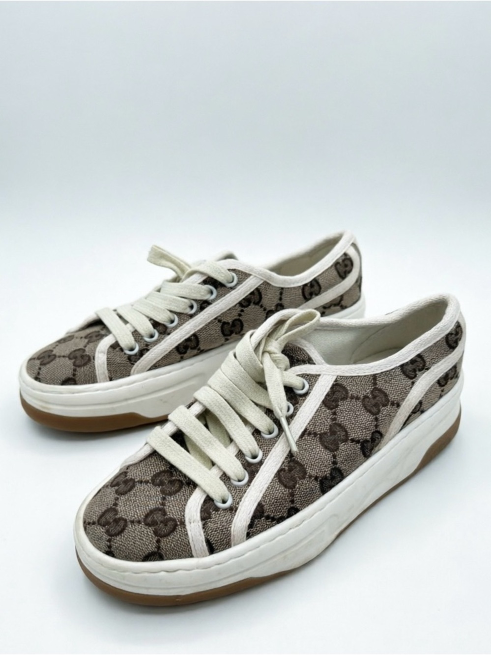 Gucci Brown Monogram Canvas Women’s Sneakers with White Trim